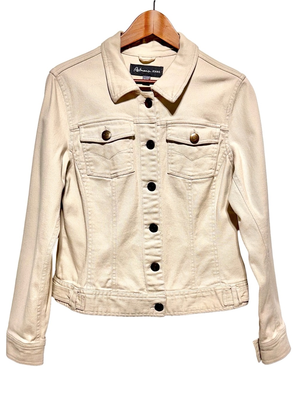 Beige Denim Trucker Jacket Petite 10P Fall Layering Quiet Luxury Autumn Neutral